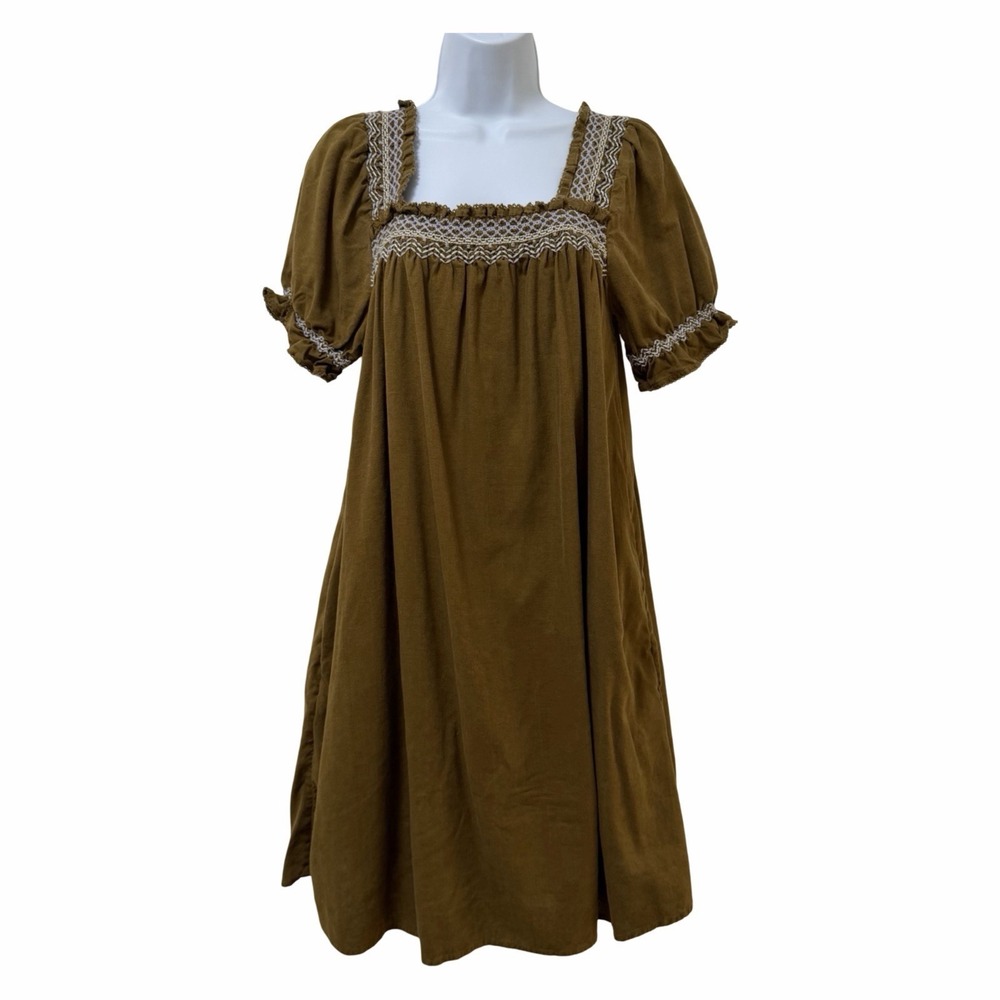 Madewell Smocked Linen Blend Puff Sleeve Mini Dress Size XS Green Cottagecore